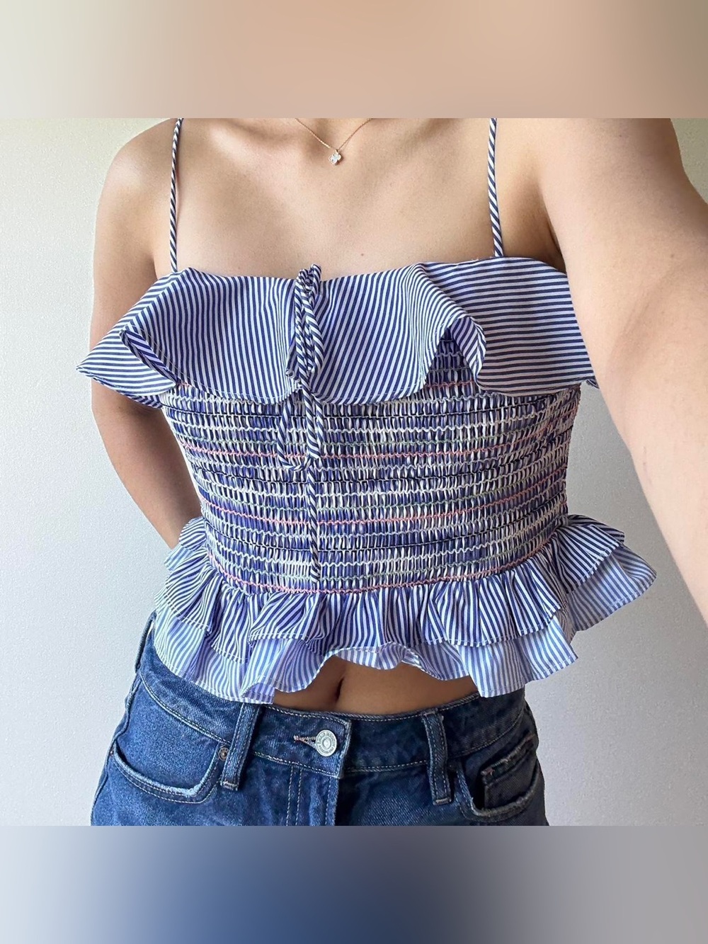 English Factory by Anthropology Large Striped Smocked Ruffle Crop Top